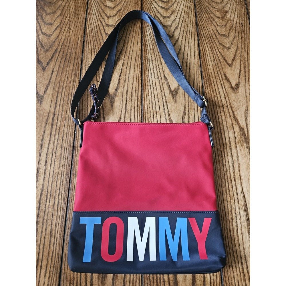 Tommy Hilfiger Red Navy Blue Logo Nylon Crossbody Bag Purse Adjustable Strap
